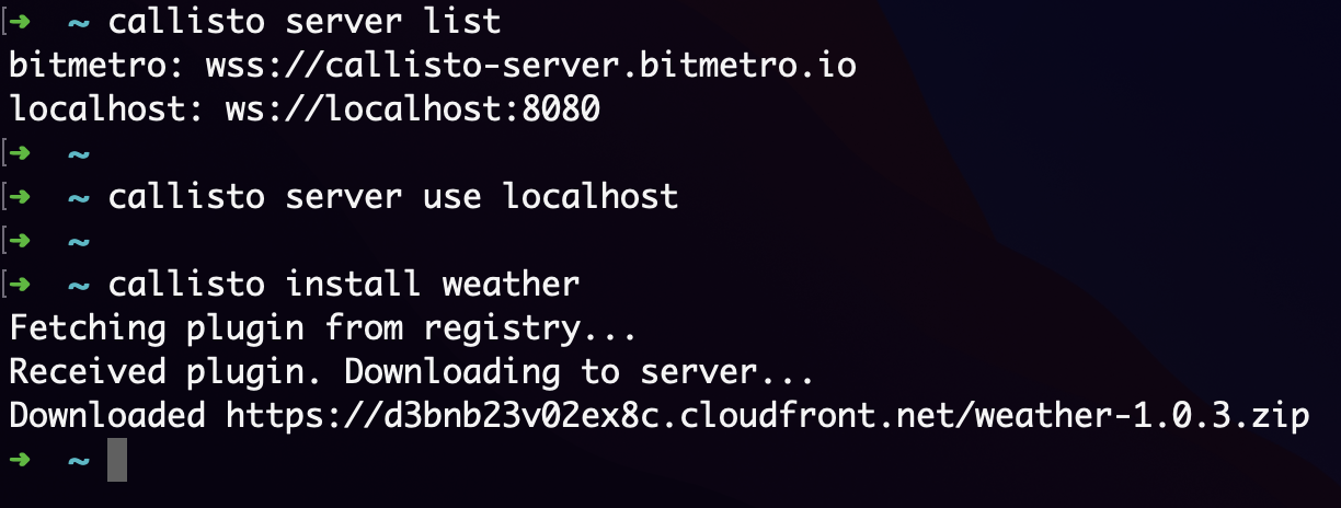 Using the Callisto CLI to download a plugin to our local Callisto server