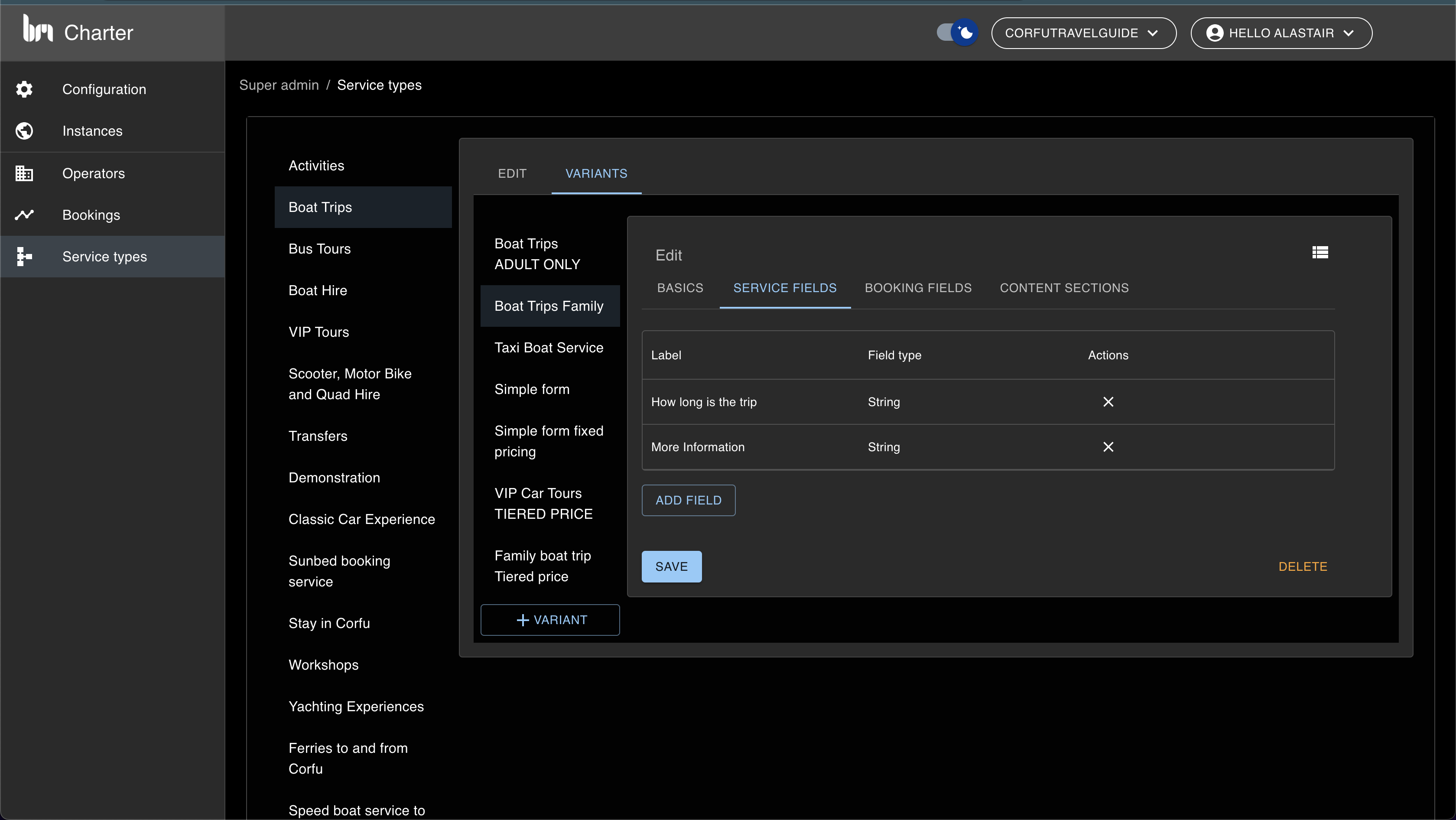 Creating a service schema. Here we choose what fields these services should show